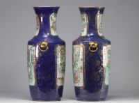 Large pair of blue powdered porcelain vases decorated with scenes of life from the 19th century