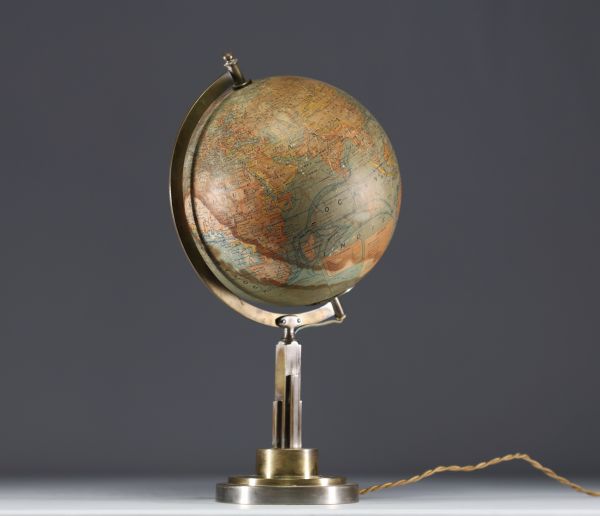 Paul DUPRE-LAFON (1900-1971) Globe Terrestre lumineux, pied en laiton, édité par J. Forest géographe à Paris, vers 1930-40.