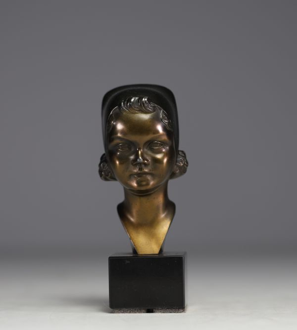 Max LEVERRIER (1891-1973) ‘Buste de jeune fille’ Small bronze with brown patina on a black marble base, signed.