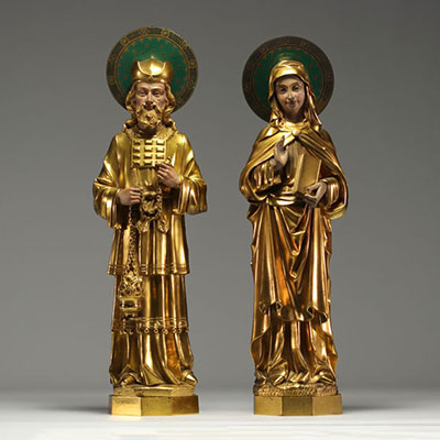 ‘Virgin and Orthodox Priest’ Rare set of two polychrome ormolu sculptures, 19th century.