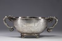 Hung Chong & Cie, large solid silver bowl with engraved landscape decoration, dragon-shaped handles.