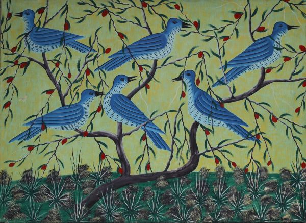 MUILA (XX) ‘Les oiseaux’ Oil on African canvas, signed.