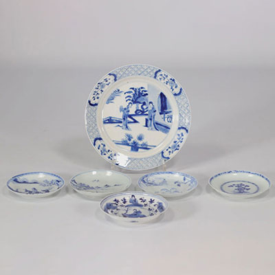 (6) Set of six blue and white porcelain plates with various motifs from 18th century