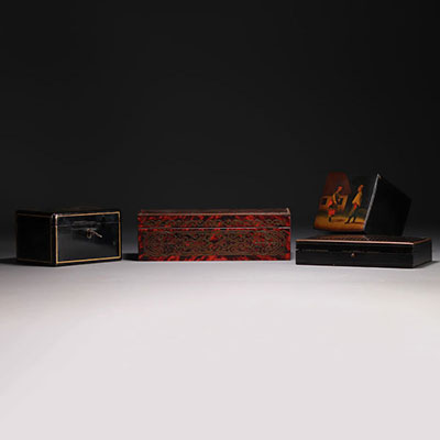 Set of four marquetry and lacquer boxes including a glove box stamped Tahan F. du Roi in Paris.