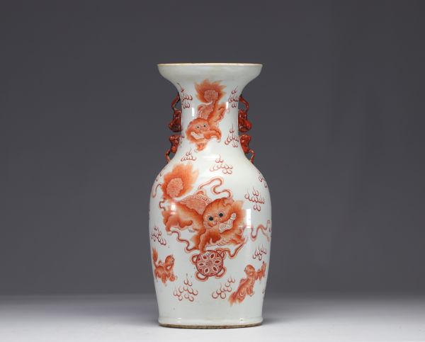 Chine - Vase en porcelaine à décor de Lions en rouge fer, XIXe siècle.