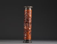 China - Carved bamboo incense cylinder with figures.