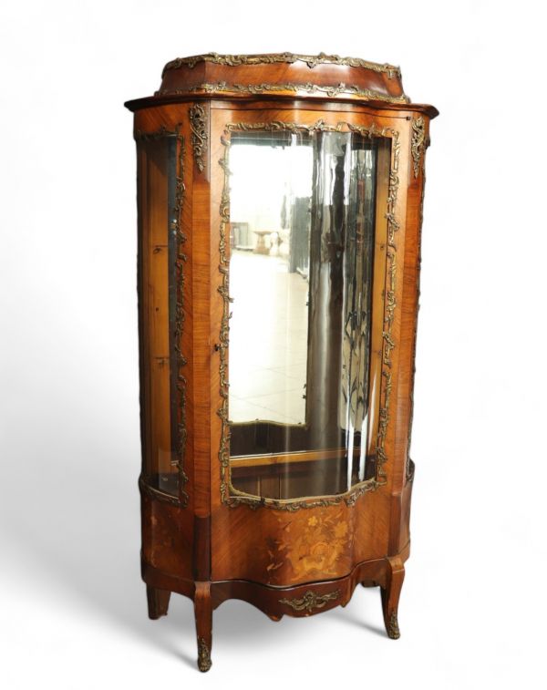 Louis XV style curved display cabinet in veneered wood and bronze, late 19th century, early 20th century.