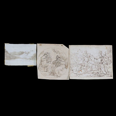 Set of three pen and wash drawings, 18th century French, Flemish and Italian school.