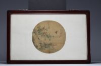 Chine - Peinture d'éventail sur soie, oiseaux, poème et cachet, époque XIXème.