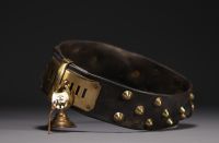 Rare leather and stud dog collar with brass nameplate, 19th century.