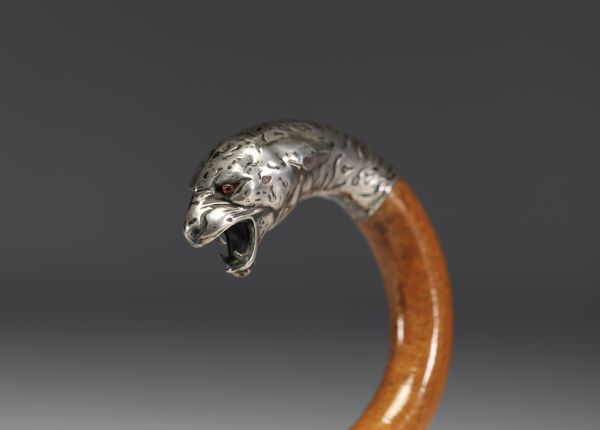 Art Deco silver cane with panther head motif, glass eyes, hallmark 800, Switzerland.