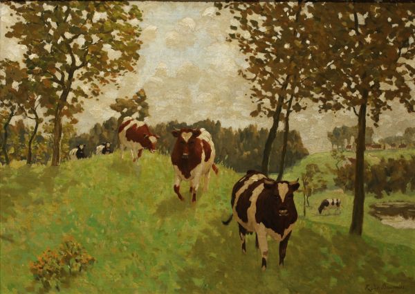 René DE BAUGNIES (1869-1962) ‘Cows grazing’ Oil on canvas, signed.