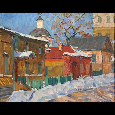 Ivan Vasilievich SOROKIN (1922-2004) ‘Rue en Russie’ Oil on canvas, signed and dated 1963.