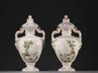 Pair of covered vases in Marseille earthenware, marked JR for Joseph ROBERT(?).