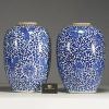 China - Pair of blue-white porcelain potiches with floral decoration, Qing period.