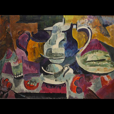 Composition cubiste, nature morte, huile sur toile non signée, vers 1940.