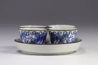 Tea service with tray and 4 bowls in white and blue porcelain decorated with dogs