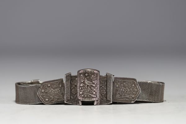 China - Vietnam - Beautiful solid silver belt with bird and flower decoration, 19th-20th century.