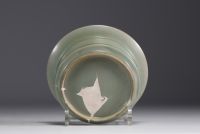 China - Celadon porcelain bowl on carved wooden base, Song dynasty.