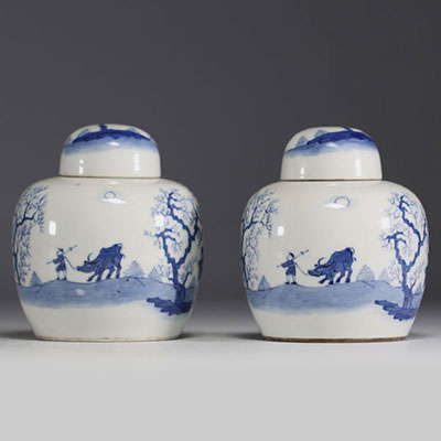 Chine - Paire de pots couverts en porcelaine blanc bleu à décor de paysage et personnages, marque sous la pièce.