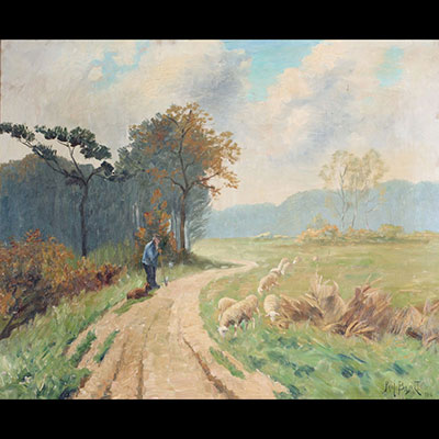 Paul Léon BAYART (1861-1921) “Shepherd and sheep” Oil on canvas, signed and dated 1916.