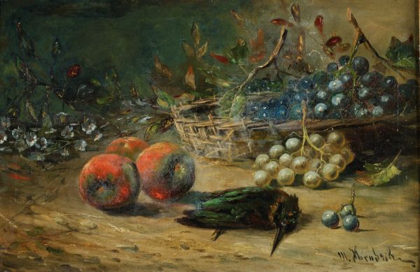 Michel-Antoine HENDRICKX (1847-1906) attr. to “Nature morte au merle et aux fruits” Oil on canvas, 19th century.