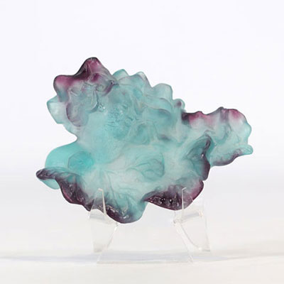 Daum Nancy sculpture en pate de verre en bleu turquoise et mauve sur les côtés