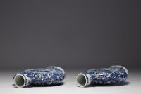 China - Pair of blue-white gourd vases decorated with figures at play, chimera handles, 19th century.