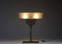 Marius SABINO (1878-1961) Art Deco pressed moulded glass table lamp with stylised decoration, hammered metal base, signed Sabino Paris N°4650.