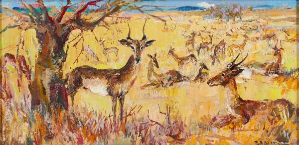 Paul DAXHELET (1905-1993) ‘Gazelles in the Savannah’ Oil on canvas.