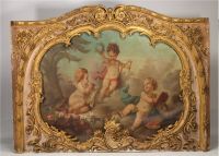 Very important pair of architectural elements in gilded wood decorated with oil on canvas in the Putti style, 18th century.