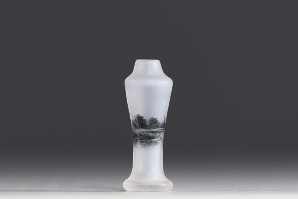 DAUM Nancy - Miniature acid-frosted glass vase decorated with a mill, signed.