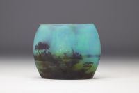 DAUM Nancy - Small vase in acid-etched multi-layered glass decorated with a lake landscape.