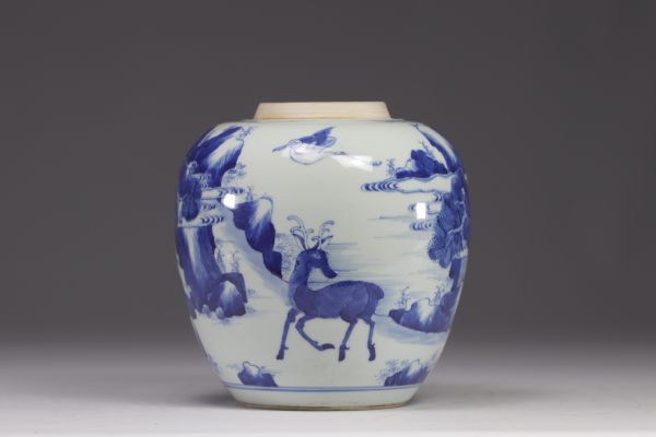 China - white and blue porcelain pot decorated with deer, egret and pine, circle mark.