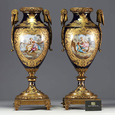 Sèvres - Pair of polychrome porcelain cassolettes with floral decoration, gilt bronze mounts, marks under the pieces.