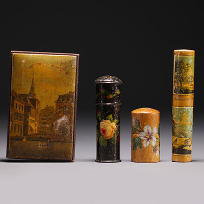 Set of four Spa boxes, a monocle graphoscope and three cylindrical sewing boxes. 19th century.