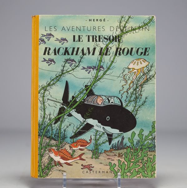 Les Aventures de Tintin - Le Trésor de Rackham le Rouge - 1ère Edition couleur de 1945, 4ème plat A24, pages de garde bleu foncé, dos jaune.