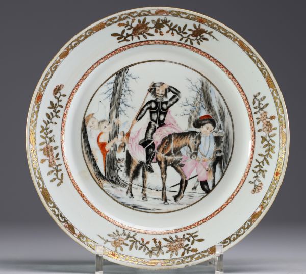 China - Compagnie des Indes polychrome, grisaille and gold porcelain plate decorated with a rider, 18th century.