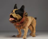 French bulldog toy in papier-mâché on wheel, circa 1930.