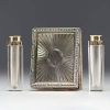 Gebrüder Friedländer - Solid silver scent box with turquoise cabochons, containing two small crystal flasks, goldsmith's hallmark.