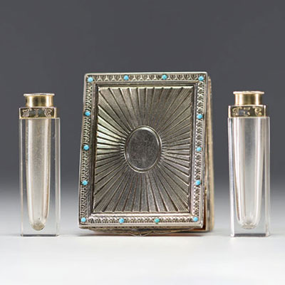 Gebrüder Friedländer - Solid silver scent box with turquoise cabochons, containing two small crystal flasks, goldsmith's hallmark.