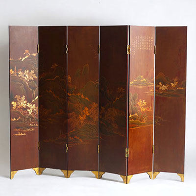 Japan - Lacquer screen with landscape and calligraphic poem, circa 1920-30