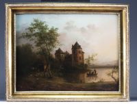 ‘At the edge of the pond' oil on mahogany panel, 19th century, no visible signature.