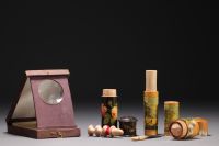 Set of four Spa boxes, a monocle graphoscope and three cylindrical sewing boxes. 19th century.