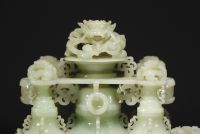 China - Large jade sculpture of covered pots decorated with dragons.