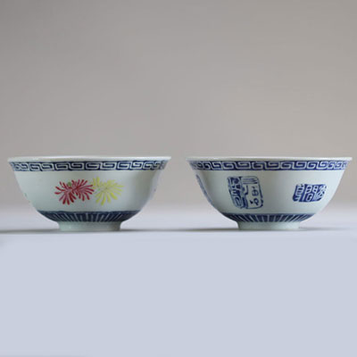 Chine - Ensemble de deux bols en porcelaine polychrome à décor de fleurs, XIXème