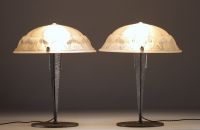 Muller Frères Lunéville - Pair of Art Deco desk lamps, stylized glass domes. Signed.