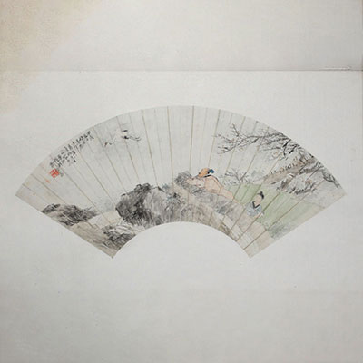 Chine - Éventail, dessin à l'encre sur papier et poème, époque XIXème.