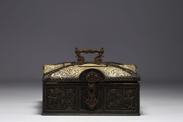 Brass, bronze and embossed leather case, late 19th century.