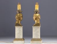 Pair of white marble and gilt bronze lamps with Caryatid faces, Empire period. OVER 100 YEARS OLD